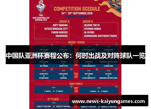 中国队亚洲杯赛程公布：何时出战及对阵球队一览